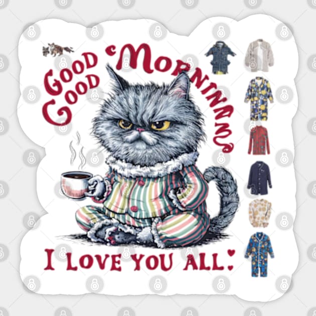 Print design of a cute Persian cat, wearing cozy pajamas and holding a steaming cup of coffee.3 Sticker by YolandaRoberts